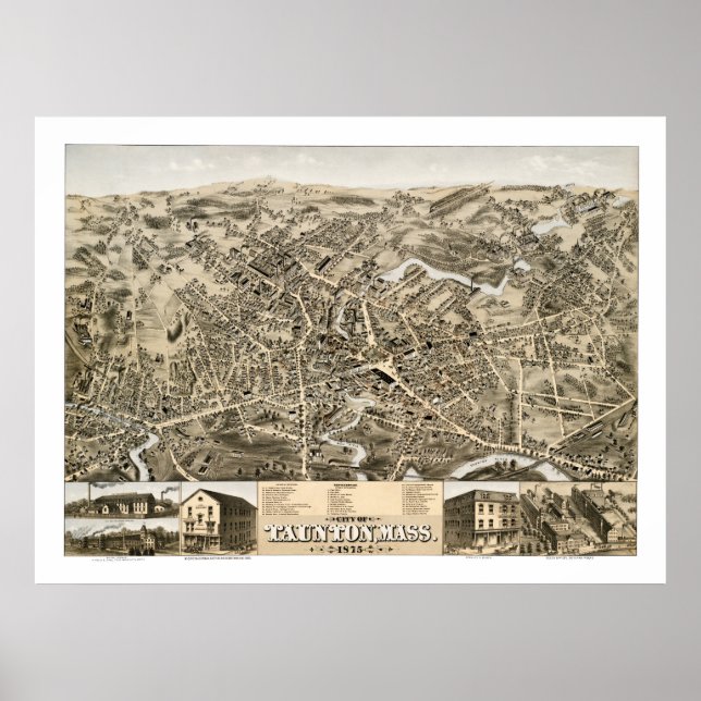 Poster Carte vintage de Taunton, Masse de 1875 (Devant)