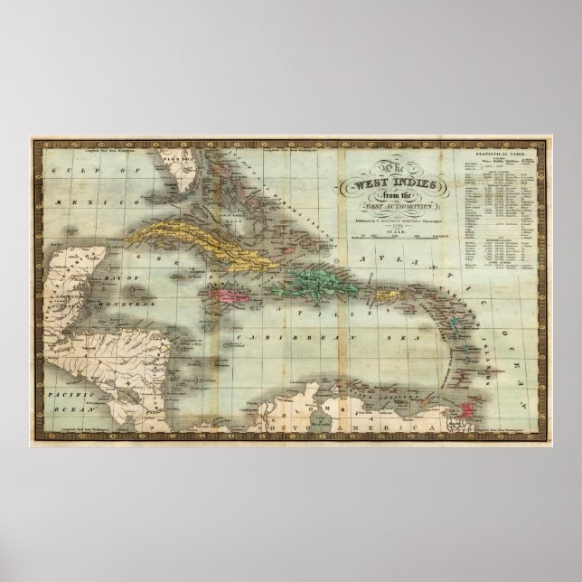 Poster Carte vintage des Caraïbes (1834) (Devant)