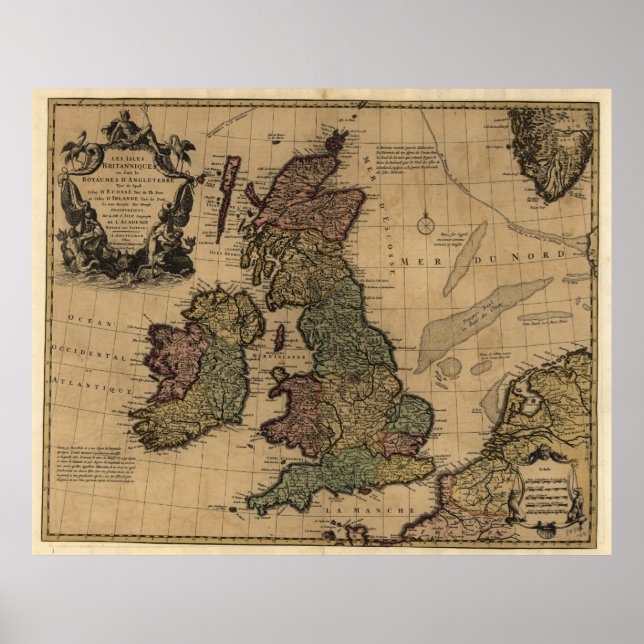 Poster Carte vintage des îles britanniques (années 1700) (Devant)