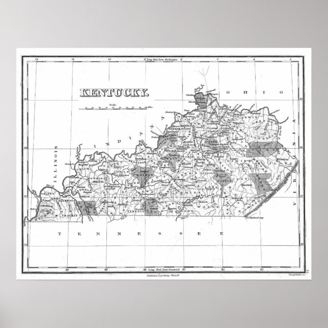 Poster Carte vintage du Kentucky (1827) BW (Devant)
