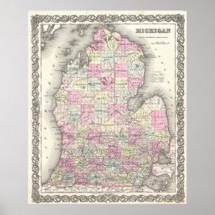 Poster Carte vintage du Michigan (1855)