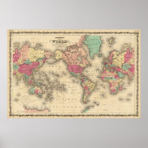Poster Carte vintage du monde (1860)