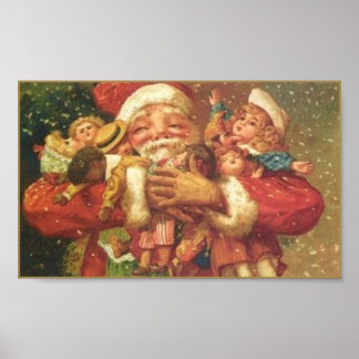 Poster Carte Vintage père Noël et Jouets