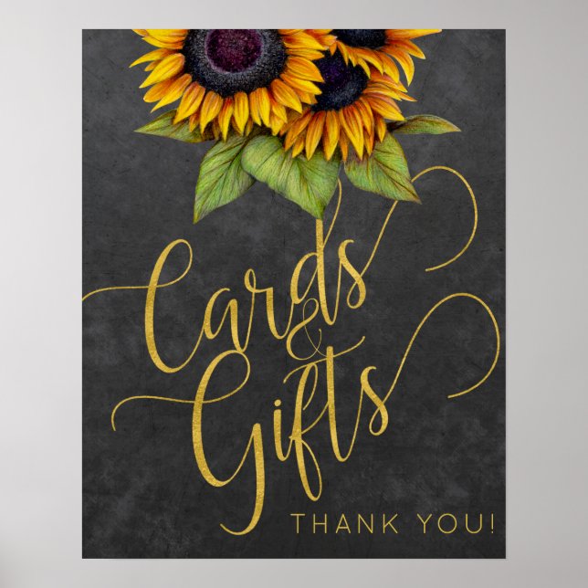 Poster Cartes de script en or Sunflowers et signe mariage (Devant)