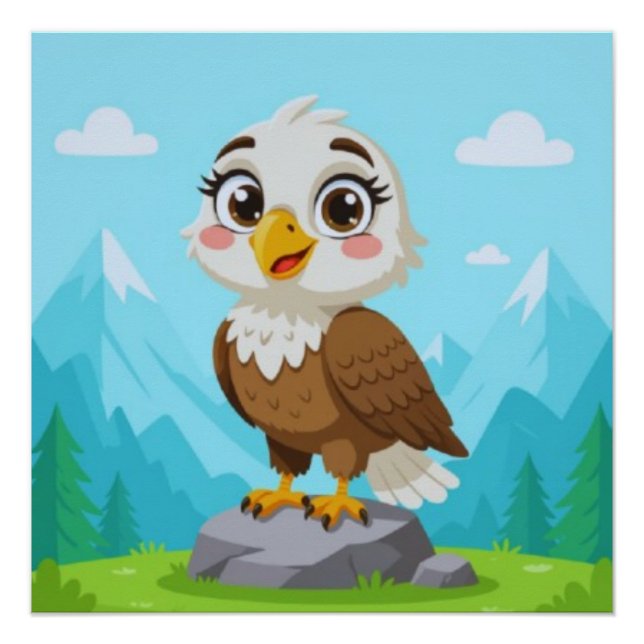 Poster Cartoon Eagle on Rock – Cute Vector Character (Devant)