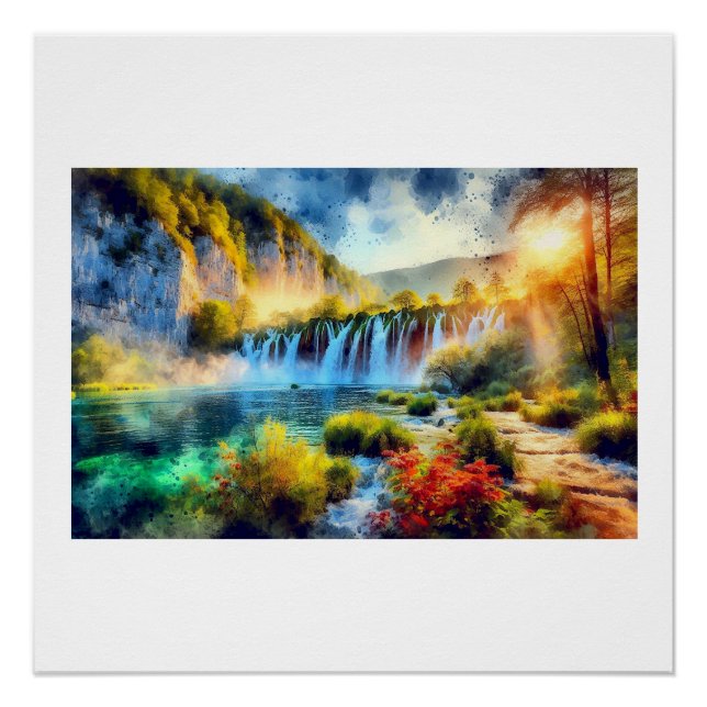 Poster Cascades de Plitvice au coucher du soleil,  (Devant)