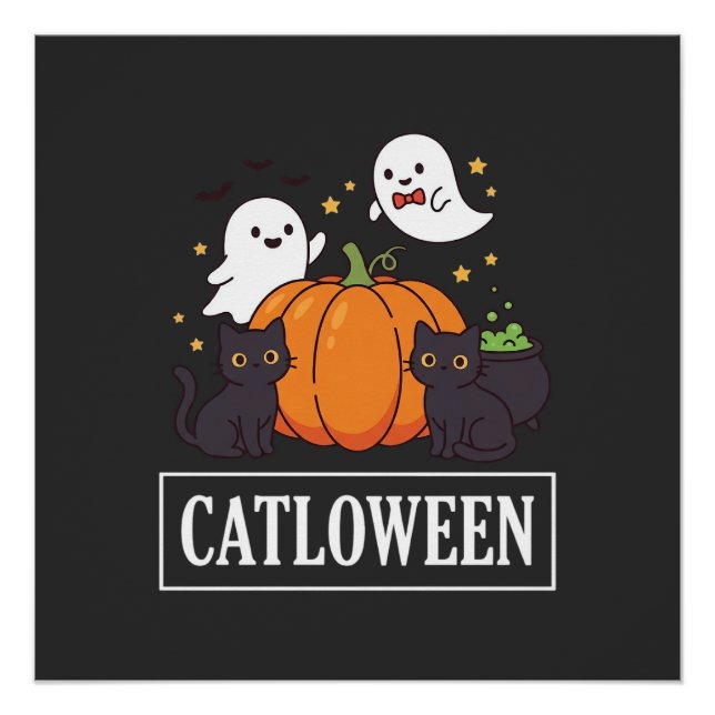 Poster Catloween Drôle Chat Fantôme Halloween Citrouille  (Devant)