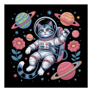 Poster Catstronaut cosmique dans Neon Space Vaporwave