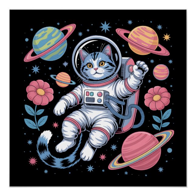 Poster Catstronaut cosmique dans Neon Space Vaporwave (Devant)