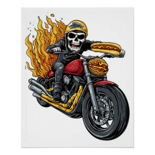Poster Cavalier de Hot Dog � Crâne de Motard Drôle