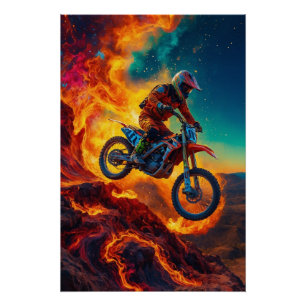 Poster Cavalier de motocross échappant aux flammes