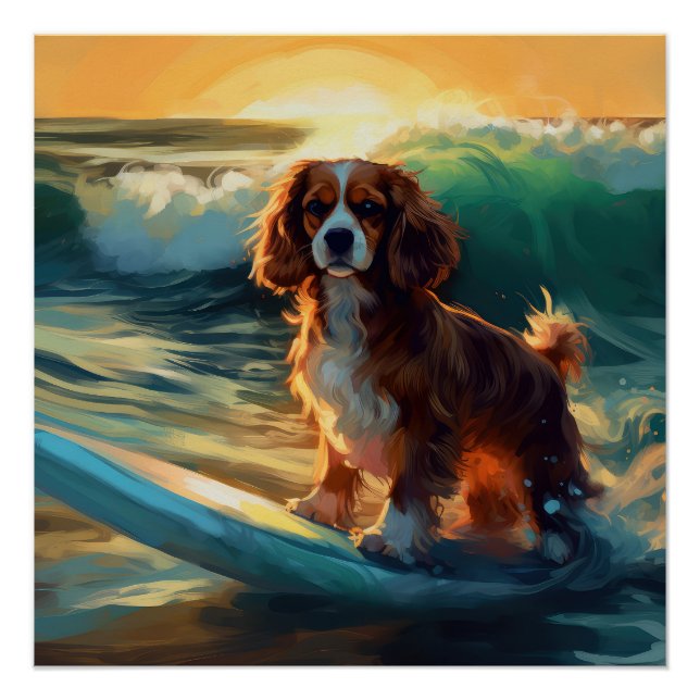 Poster Cavalier King Beach Surf Peinture (Devant)