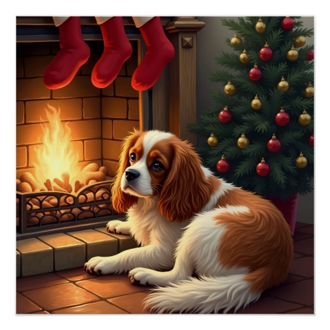 Poster Cavalier King Charles au coin du feu de Noël (Devant)