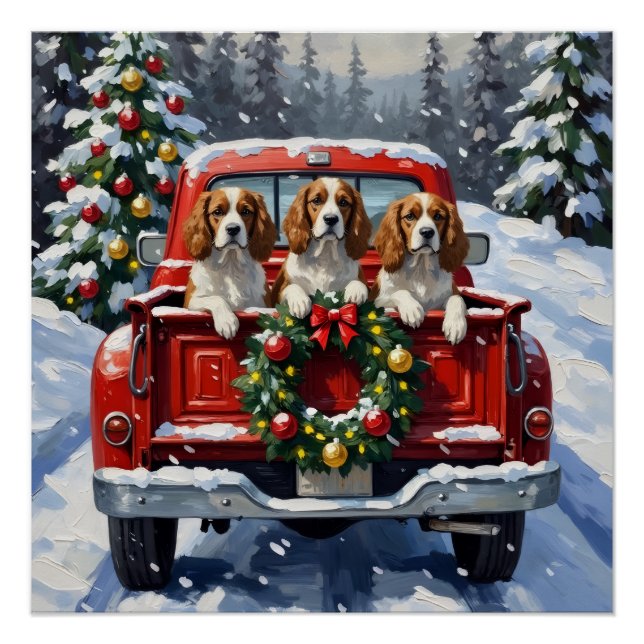 Poster Cavalier King Charles Spaniel Christmas Red Truck (Devant)