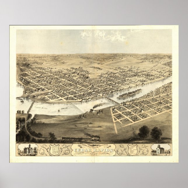 Poster Cedar Rapids Iowa 1868 Antique Carte Panoramique (Devant)