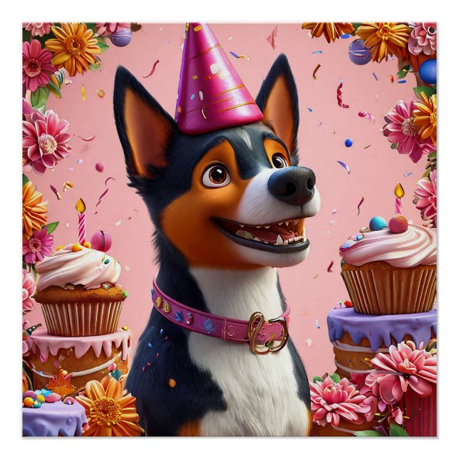 Poster Célébration d'anniversaire avec un chien heureux (Devant)