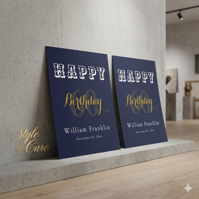 Poster Célébration de fête d'anniversaire 60 ans Bleu mar (Navy Blue 60th Birthday Party Celebration Glossy Poster)