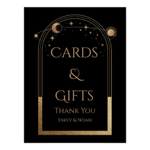 Poster Céleste Black Gold Sun Moon Stars Cartes et cadeau
