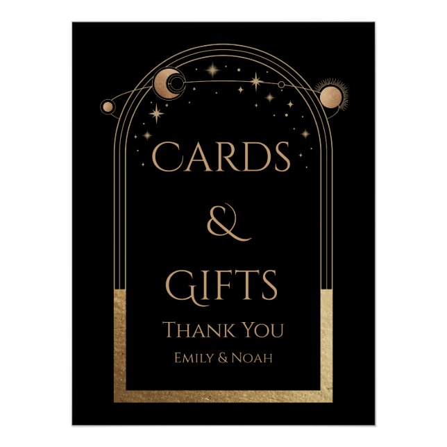 Poster Céleste Black Gold Sun Moon Stars Cartes et cadeau (Devant)
