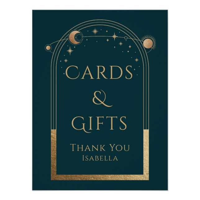 Poster Céleste Vert Or Soleil Lune Étoiles Cartes et cade (Devant)