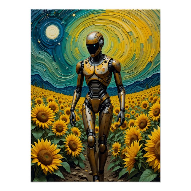 Poster Celestial Sentience: Robot in Sunflower Fields (Devant)
