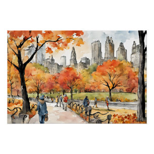 Poster Central Park, aquarelles, générées par l'IA,