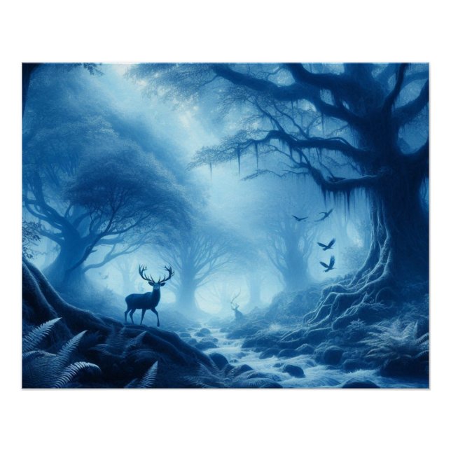 Poster Cerf dans la forêt noire de la brume bleue (Devant)