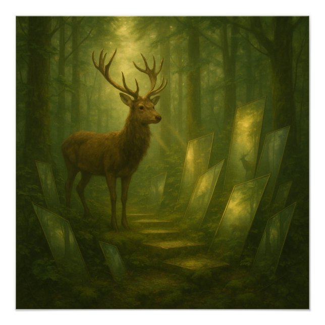 Poster Cerf dans le chemin du miroir de la forêt enchanté (Devant)