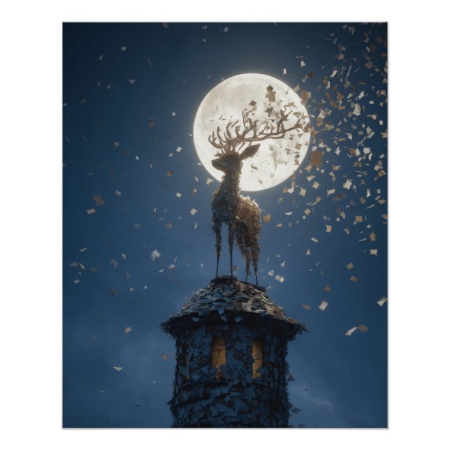 Poster Cerf lumineux au clair de lune sur le pic de la to (Devant)