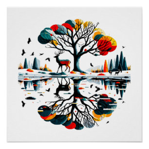 Poster Cerf majestueux dans la forêt enneigée d'hiver