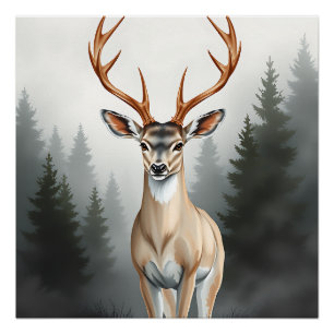 Poster Cerf majestueux dans une forêt embrumée – Faune tr