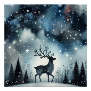 Poster Cerf Nuit d'Hiver Étoilée