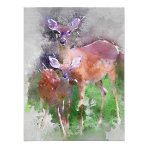 Poster Cerfs communs de queue blanche dans l'aquarelle