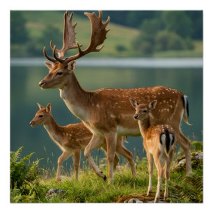 Poster Cerfs Mignons Et Faons Au Bord D'un Lac Dans La Fo