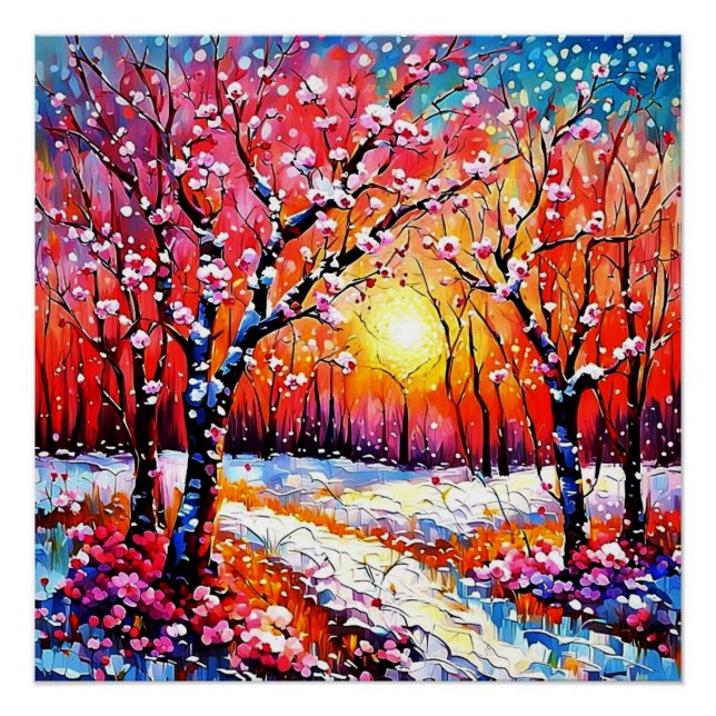 Poster Cerisiers dans la neige 4 (Devant)