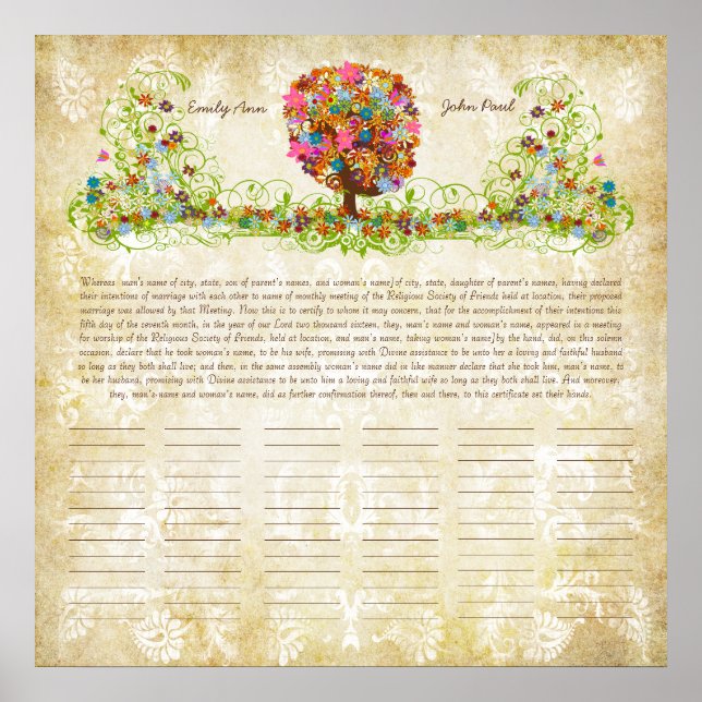 Poster Certificat de Mariage Quaker Imprimé d'Arbre Fleur (Devant)