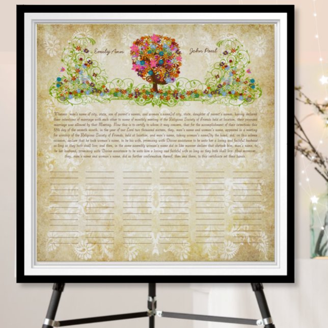 Poster Certificat de Mariage Quaker Imprimé d'Arbre Fleur (Créateur téléchargé)