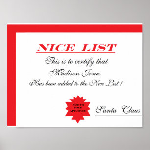 Poster Certificat Père Noël personnalisé "Nice List"