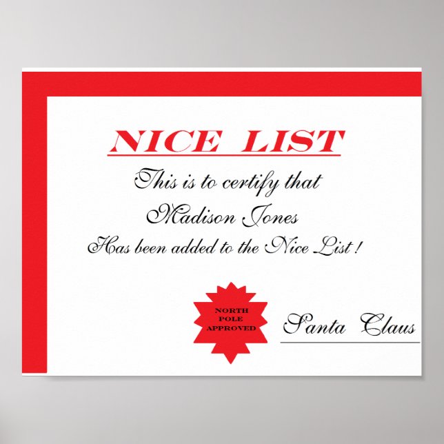Poster Certificat Père Noël personnalisé "Nice List" (Devant)