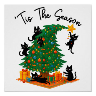 Poster C'est la saison Arbre de Noël Chat noir mignon