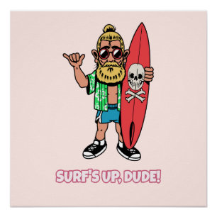 Poster C'est la vague, mec ! Surfeur barbu de dessin anim