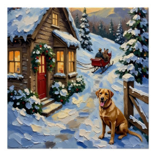 Poster Chalet de Noël vintage avec Labrador Retriever