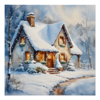 Chalet neigeux Aquarelle Peinture Art