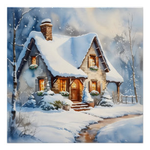 Poster Chalet neigeux Aquarelle Peinture Art