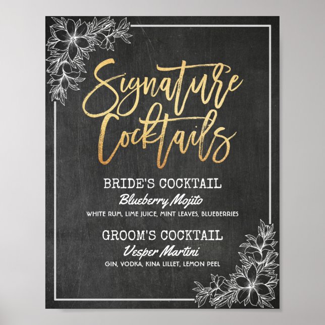 Poster Chalkboard Floral Mariage Signature Menu boisson (Devant)