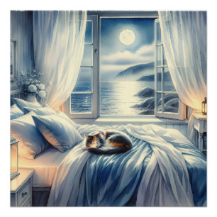 Poster Chambre côtière au clair de lune avec chat endormi