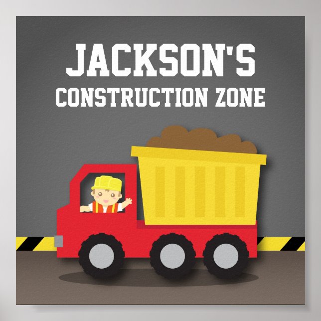 Poster Chambre de garçons décorée avec des camions à benn (Devant)