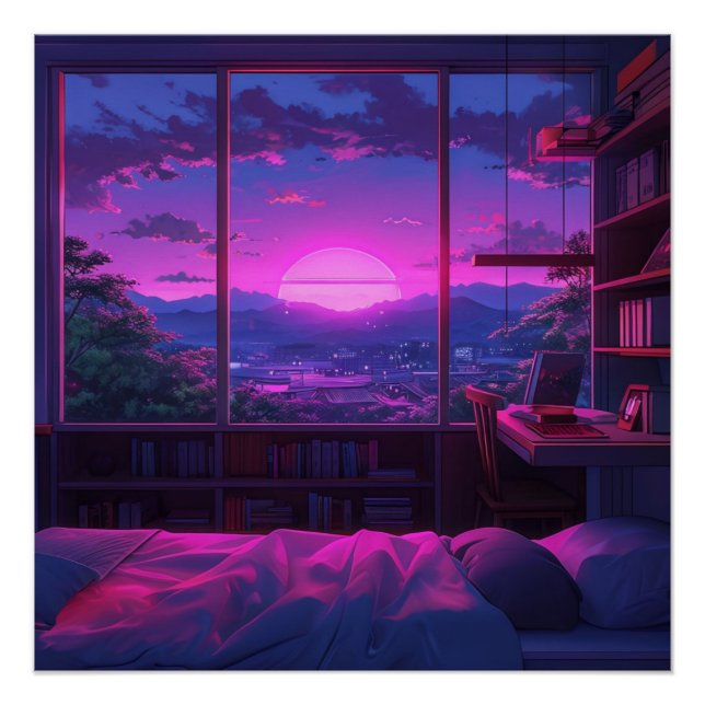 Poster Chambre esthétique Anime Vue nuit Neon Sunset (Devant)
