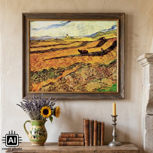 Poster Champ avec laboureur et moulin par Vincent van Gog