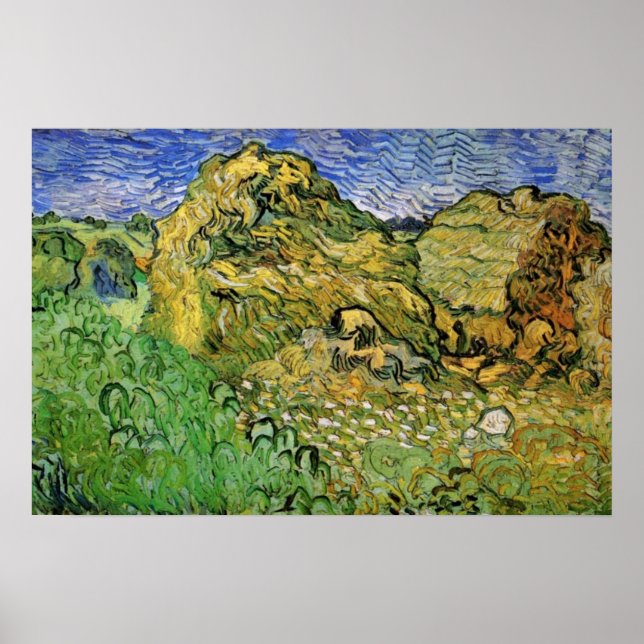 Poster Champ avec meules de blé par Vincent van Gogh (Devant)